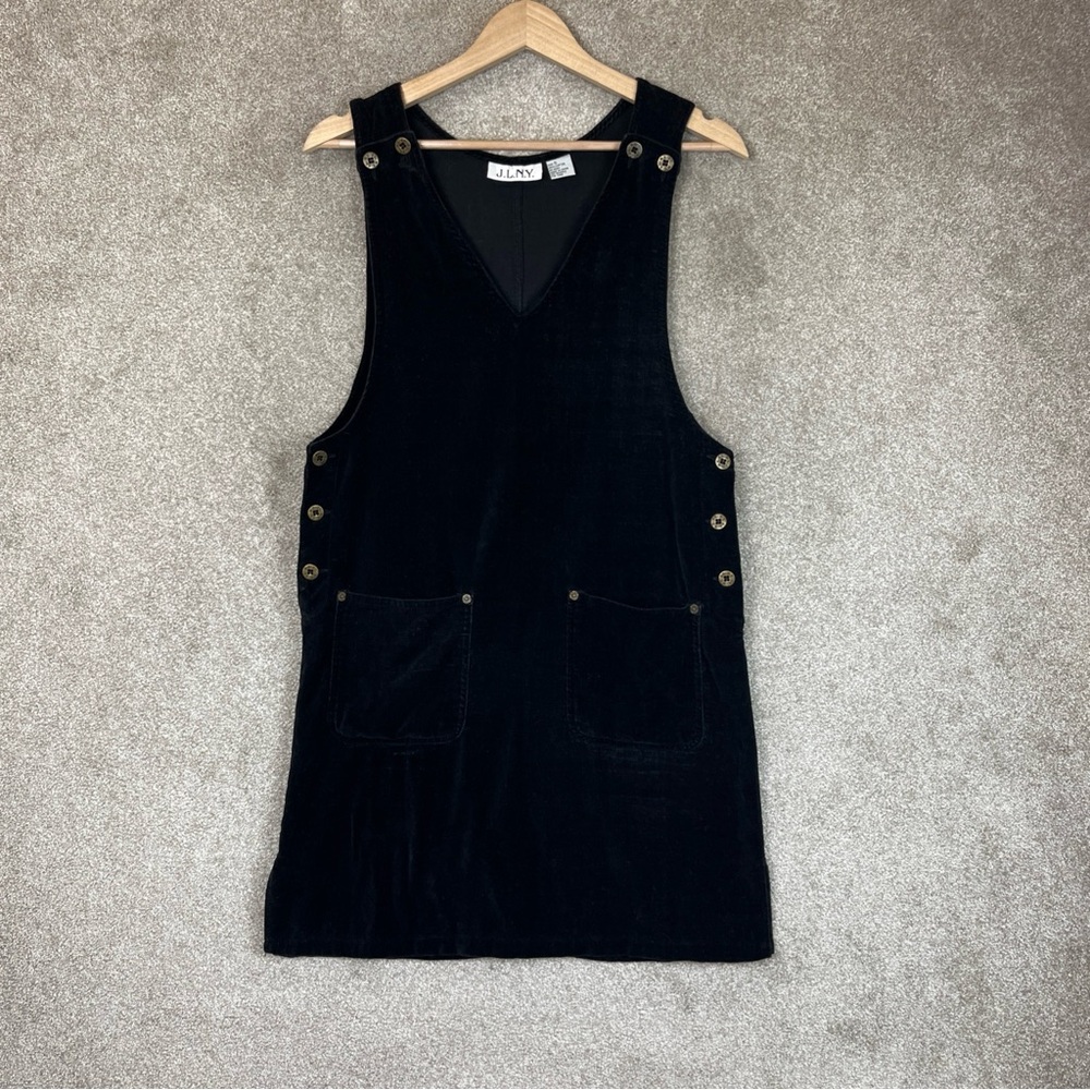 JLNY Vintage Dress Womens Small Black Velvet Jumper Pockets Button 90s- 4293